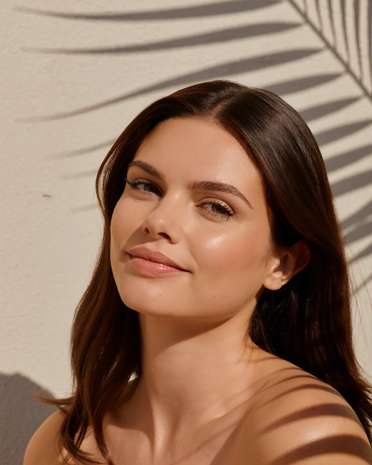Woman against a sunlit plaster wall with palm shadows and clear, even skin, for BBL® HEROic™ and HALO® together at Palm Lux Aesthetics