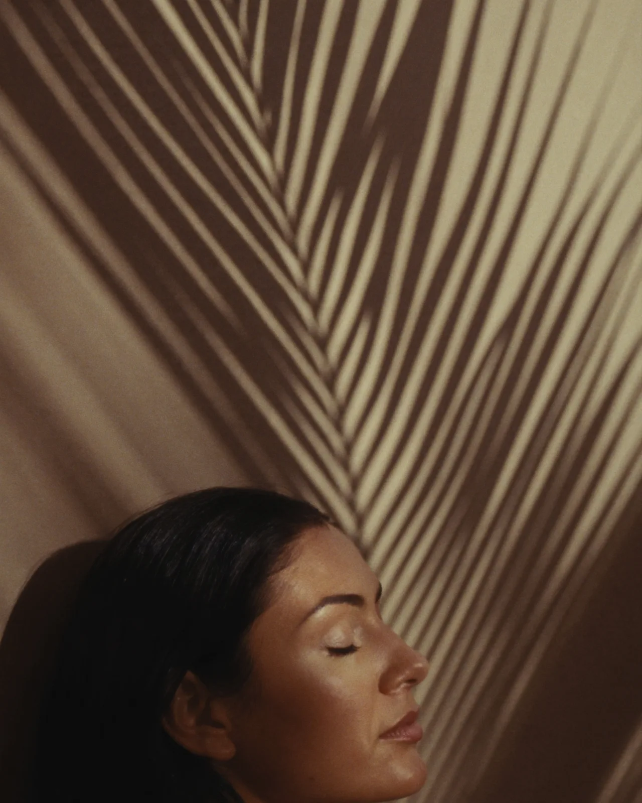 Woman in profile with eyes closed beneath a palm-frond shadow on plaster, for biostimulatory fillers at Palm Lux Aesthetics